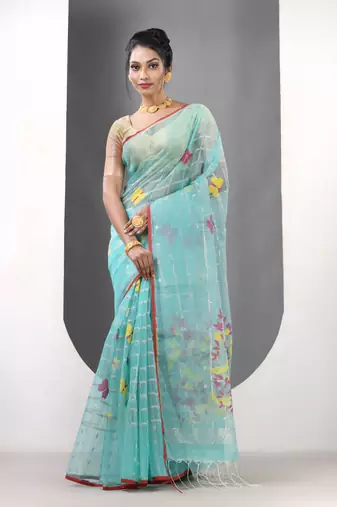 Sea green muslin soft saree with jamdani designs