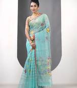 Sea green muslin soft saree with jamdani designs