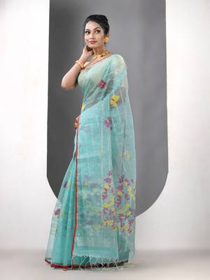Sea green muslin soft saree with jamdani designs 2