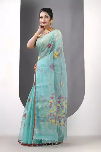 Sea green muslin soft saree with jamdani designs