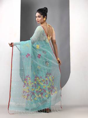 Sea green muslin soft saree with jamdani designs 3