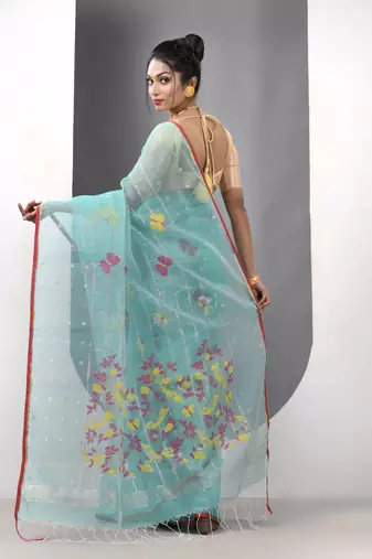 Sea green muslin soft saree with jamdani designs