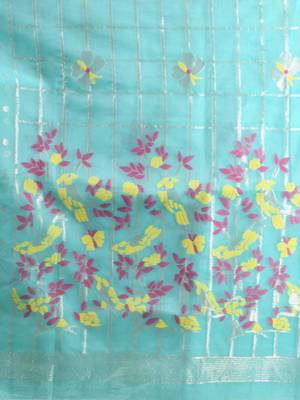Sea green muslin soft saree with jamdani designs 4