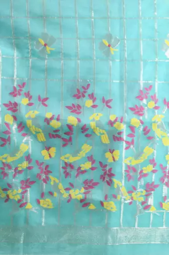 Sea green muslin soft saree with jamdani designs