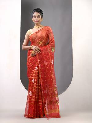 Red muslin soft saree with jamdani designs 1