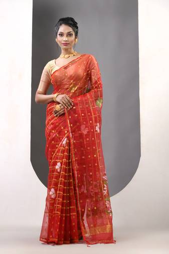 Red muslin soft saree with jamdani designs