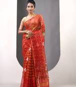 Red muslin soft saree with jamdani designs