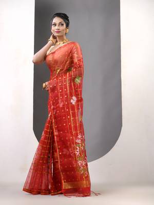 Red muslin soft saree with jamdani designs 2