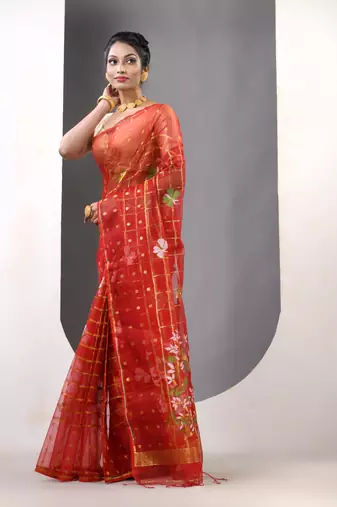 Red muslin soft saree with jamdani designs