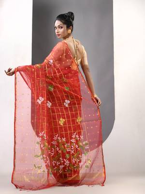 Red muslin soft saree with jamdani designs 3