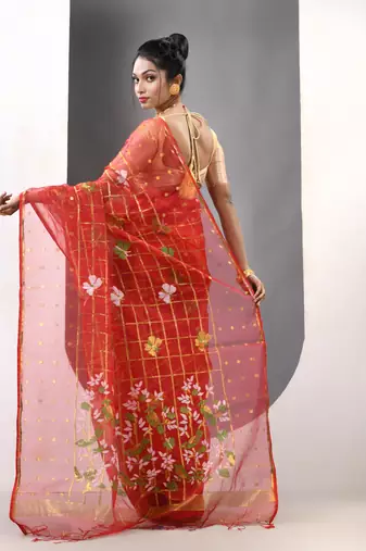 Red muslin soft saree with jamdani designs