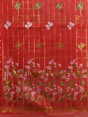 Red muslin soft saree with jamdani designs 4