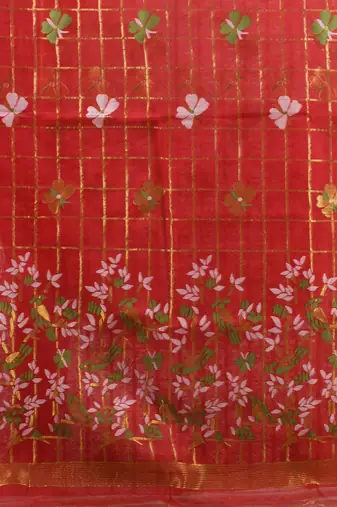 Red muslin soft saree with jamdani designs