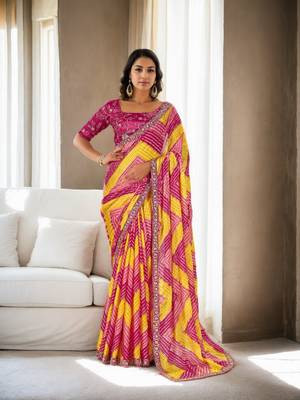 Pink chinon c printed saree with embroidered blouse 1