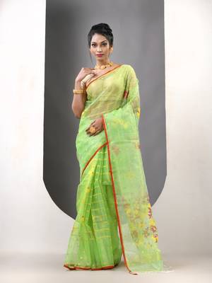 Light green muslin soft saree with jamdani designs 1