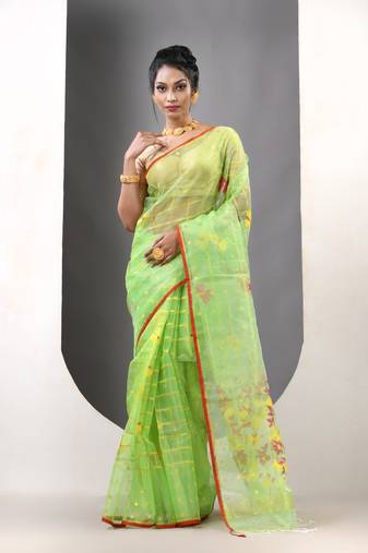 Light green muslin soft saree with jamdani designs