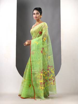 Light green muslin soft saree with jamdani designs 2