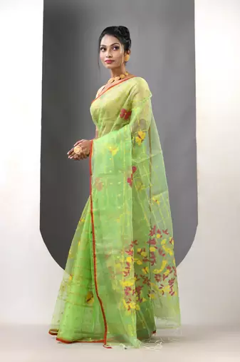 Light green muslin soft saree with jamdani designs