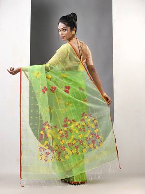Light green muslin soft saree with jamdani designs 3