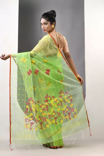 Light green muslin soft saree with jamdani designs