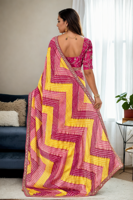 Pink chinon c printed saree with embroidered blouse 2