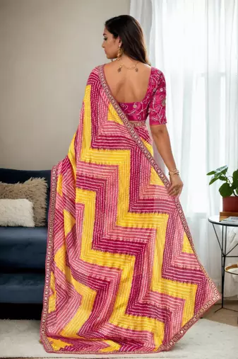 Pink chinon c printed saree with embroidered blouse