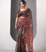 Emarald green dual tone muslin soft saree with jamdani designs