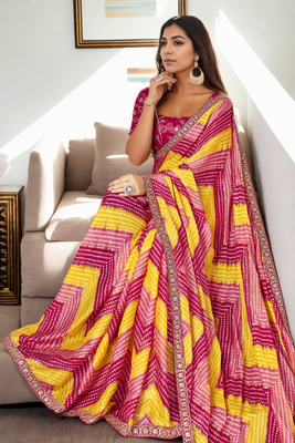 Pink chinon c printed saree with embroidered blouse 3