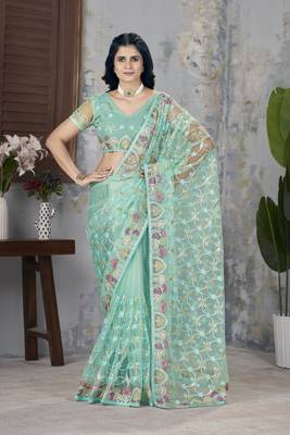 Sea green butterfly net graceful embroidery work partywear saree 1