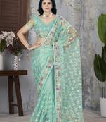Sea green butterfly net graceful embroidery work partywear saree