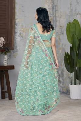 Sea green butterfly net graceful embroidery work partywear saree 2