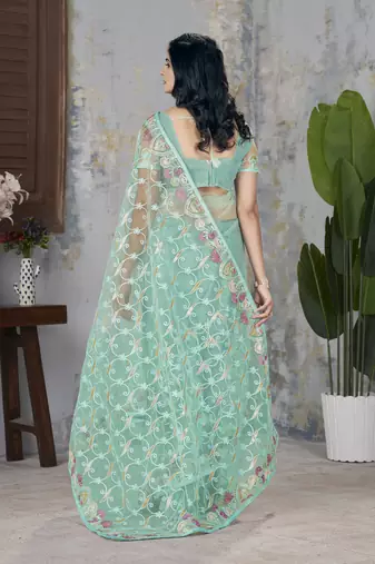 Sea green butterfly net graceful embroidery work partywear saree