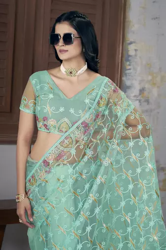 Sea green butterfly net graceful embroidery work partywear saree
