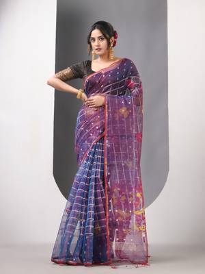 Sapphire blue dual tone muslin soft saree with jamdani designs 1