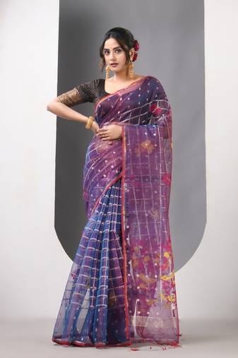 Sapphire blue dual tone muslin soft saree with jamdani designs