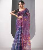 Sapphire blue dual tone muslin soft saree with jamdani designs