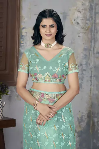 Sea green butterfly net graceful embroidery work partywear saree