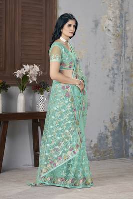 Sea green butterfly net graceful embroidery work partywear saree 5