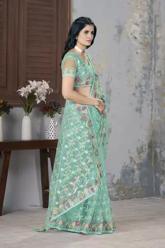 Sea green butterfly net graceful embroidery work partywear saree