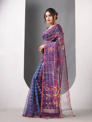 Sapphire blue dual tone muslin soft saree with jamdani designs 2