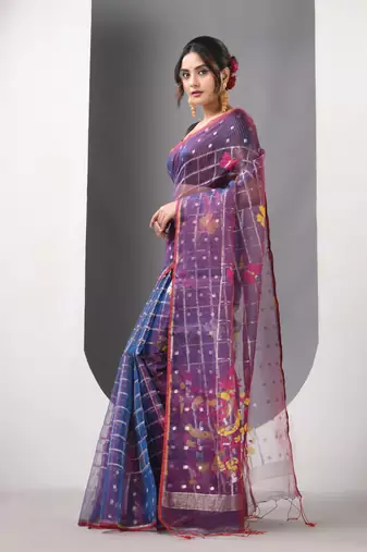 Sapphire blue dual tone muslin soft saree with jamdani designs
