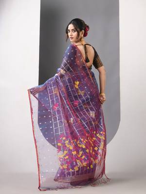 Sapphire blue dual tone muslin soft saree with jamdani designs 3