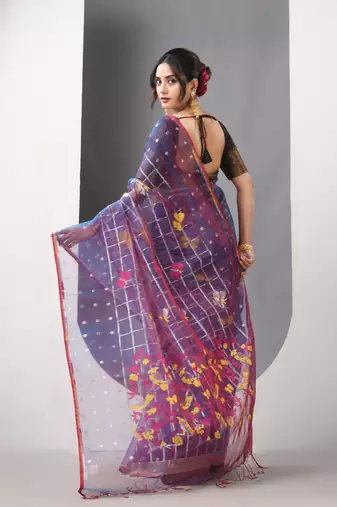 Sapphire blue dual tone muslin soft saree with jamdani designs