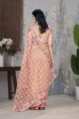 Orange butterfly net graceful embroidery work partywear saree 2