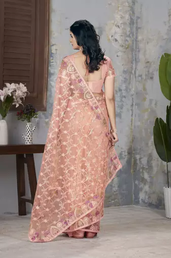 Orange butterfly net graceful embroidery work partywear saree
