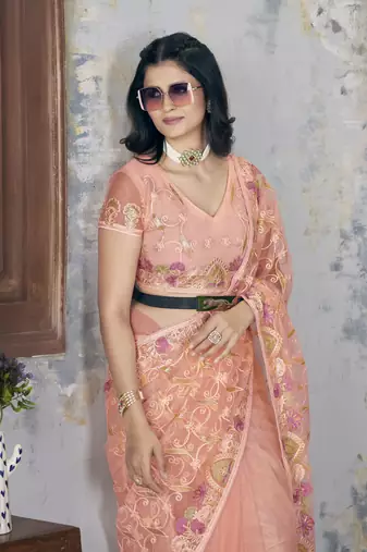 Orange butterfly net graceful embroidery work partywear saree