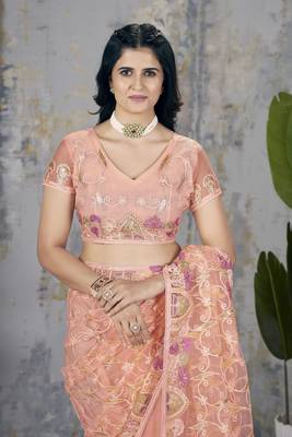 Orange butterfly net graceful embroidery work partywear saree 4
