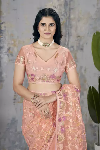 Orange butterfly net graceful embroidery work partywear saree