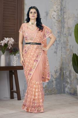 Orange butterfly net graceful embroidery work partywear saree 5