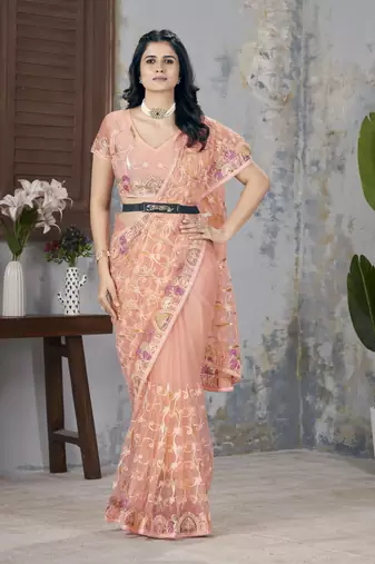 Orange butterfly net graceful embroidery work partywear saree